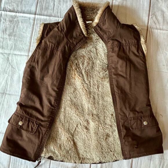 GAP reversible canvas faux fur vest pockets brown fall winter outdoor Gorpcore S - Picture 6 of 9
